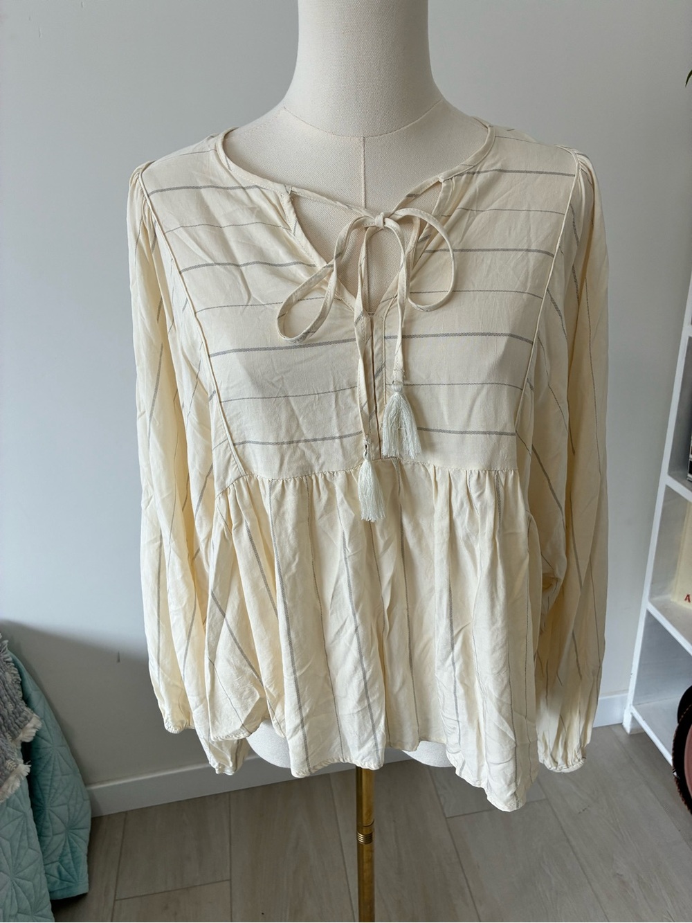 Promesa Cream Tie-Front Peasant Blouse with Subtle Stripes